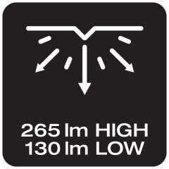 Up to 265 lm (high) & 130 lm (low)