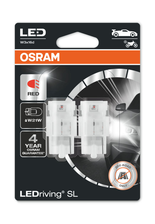 OSRAM W21W LED (T20 SC) 12V W3x16d LEDriving Red 7705R-02B Twin Pack