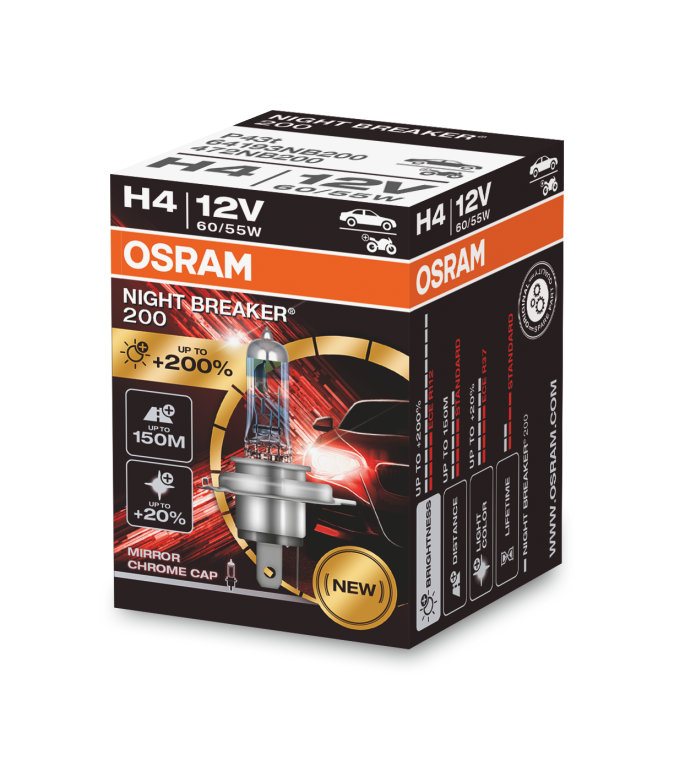 OSRAM NIGHT BREAKER 200, H4, +200% more brightness, halogen