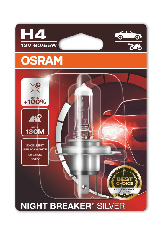 P43t OSRAM COPPIA Lampada Lampadina Luce OSRAM NIGHT BREAKER H4 12V +130M SILVER 