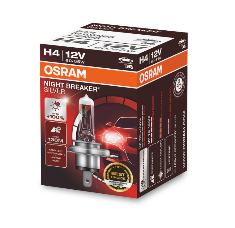 OSRAM P14.5s NIGHT BREAKER SILVER H4 Leuchtweite von bis zu 130 m